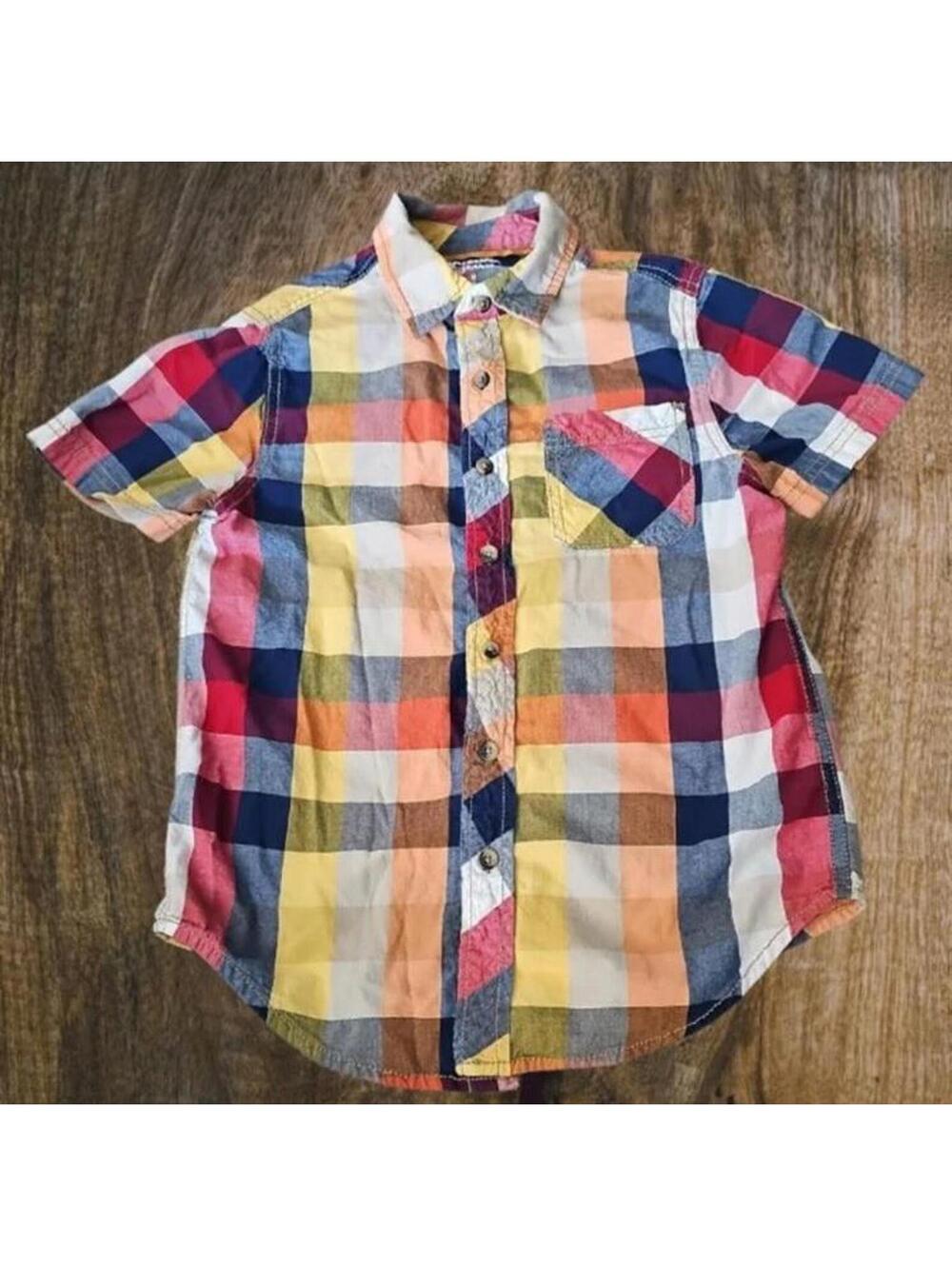 Designer boys medium m 8 clothes plaid buttonup shirt red blue yellow gray